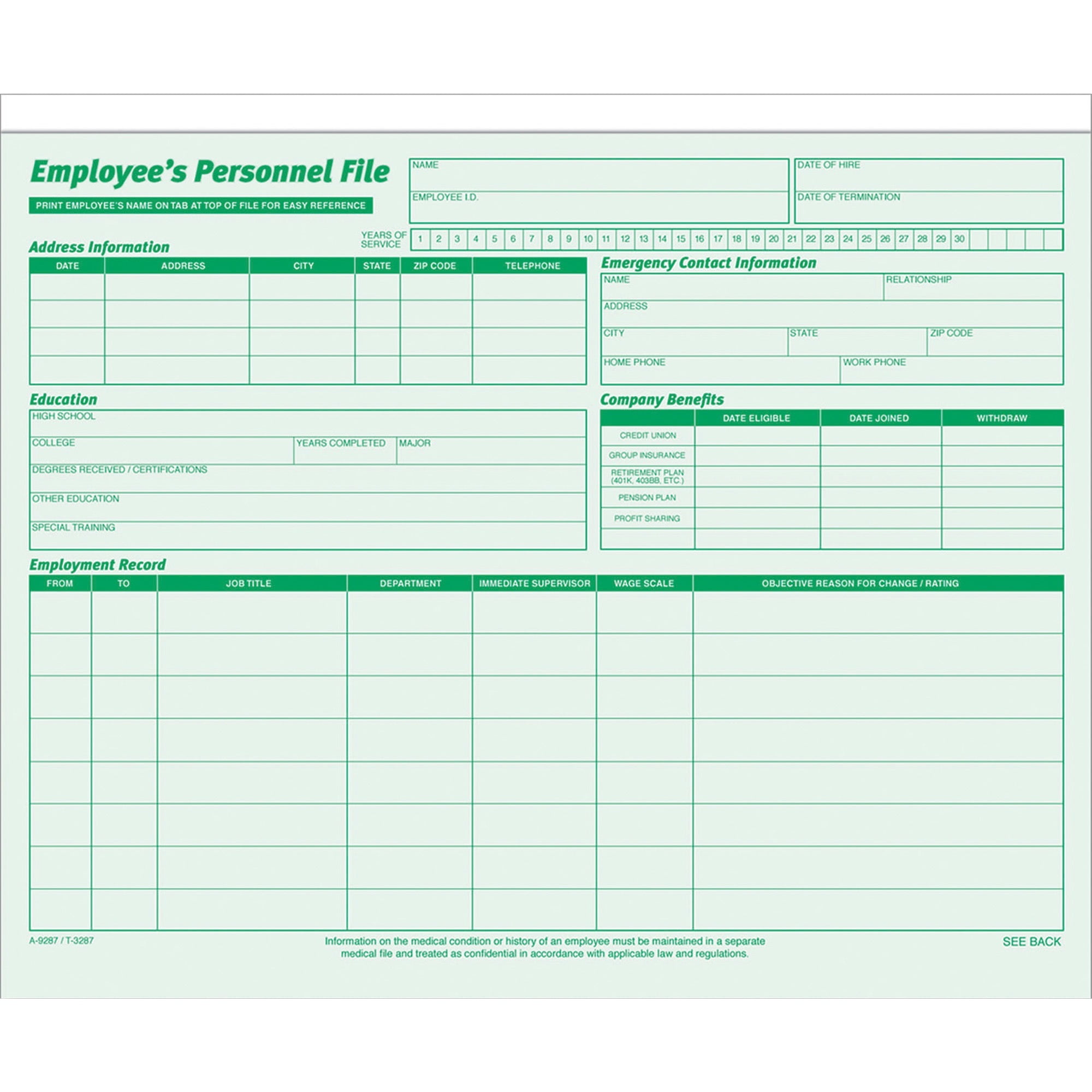 Employee's Record File Folder, Straight Tabs, Letter Size, Index Stock, Green, 20/Pack