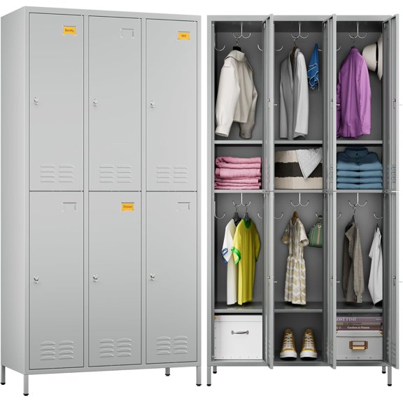 Employees Lockers with 18 Hooks, Metal Lockers for Employees with 6 Doors for Gym,Requires Assembly,Light Grey