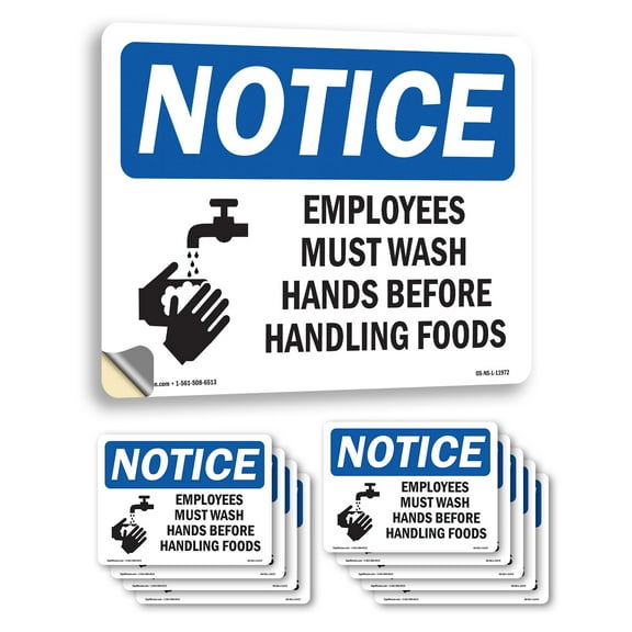 Employees Must Wash Hands Before With Symbol OSHA Notice Vinyl Decal Label 5 Inch x 3.5 Inch - 10 Pack