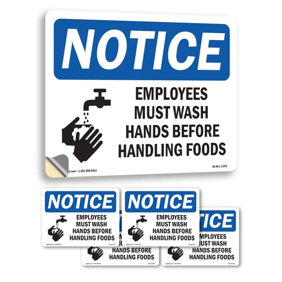 Employees Must Wash Hands Before With Symbol OSHA Notice Vinyl Decal Label 5 Inch x 3.5 Inch - 5 Pack