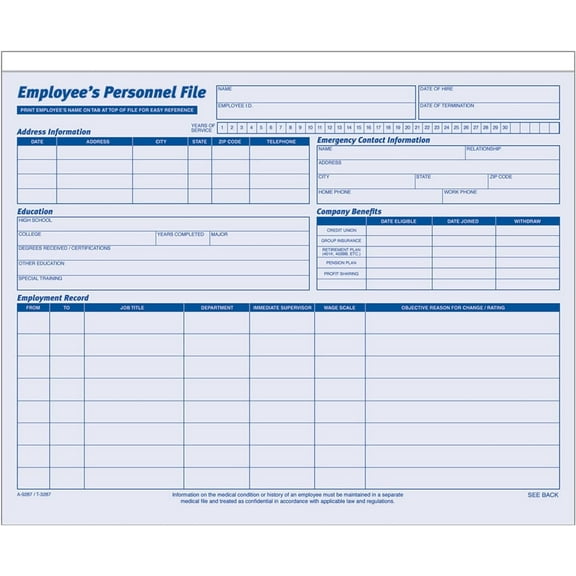 Employees Personnel File Folder, Heavy Card Stock, 11-3/4 x 9-1/2 Inches, Pack of 20 Folders (9287ABF) ,Blue/White