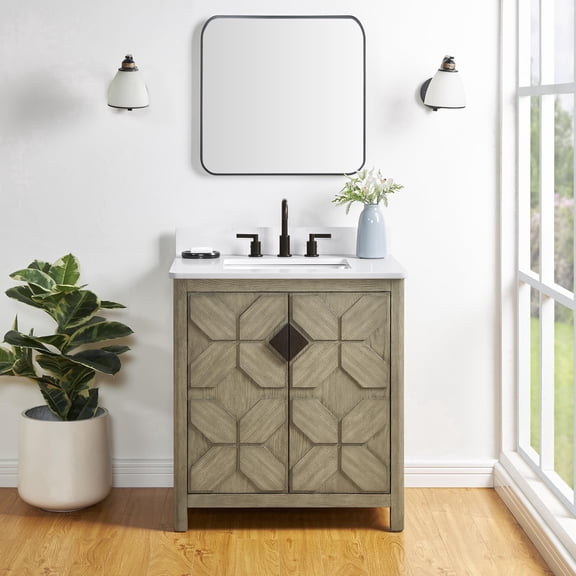Emporia 30" Single Bathroom Vanity, 31" W x 22" D x 34.5" H, Calacatta Vicenza Quartz Top with Sink & Backsplash, Solid Wood, Gray Oak, Pre-Assembled, Soft-Close Doors, Adjustable Feet