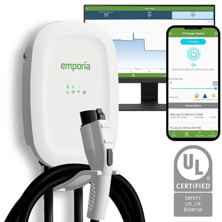 EMPORIA Level 2 EV Charger - NEMA 14-50 EVSE w/ J1772 Connector - 48 amp EV Charger Level 2, 240v WiFi Enabled Electric Vehicle Charging Station, 25ft Cable, White