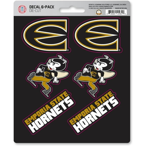 Emporia State University Hornets 6-Piece Decal Sticker Set, 5x6 Inch Sheet, Gift for football fans for any hard surfaces around home, automotive, personal items