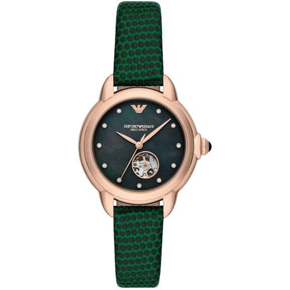 Emporio Armani Ar60073 Green Dial & Leather Strap 34mm Rose Gold Womens Watch
