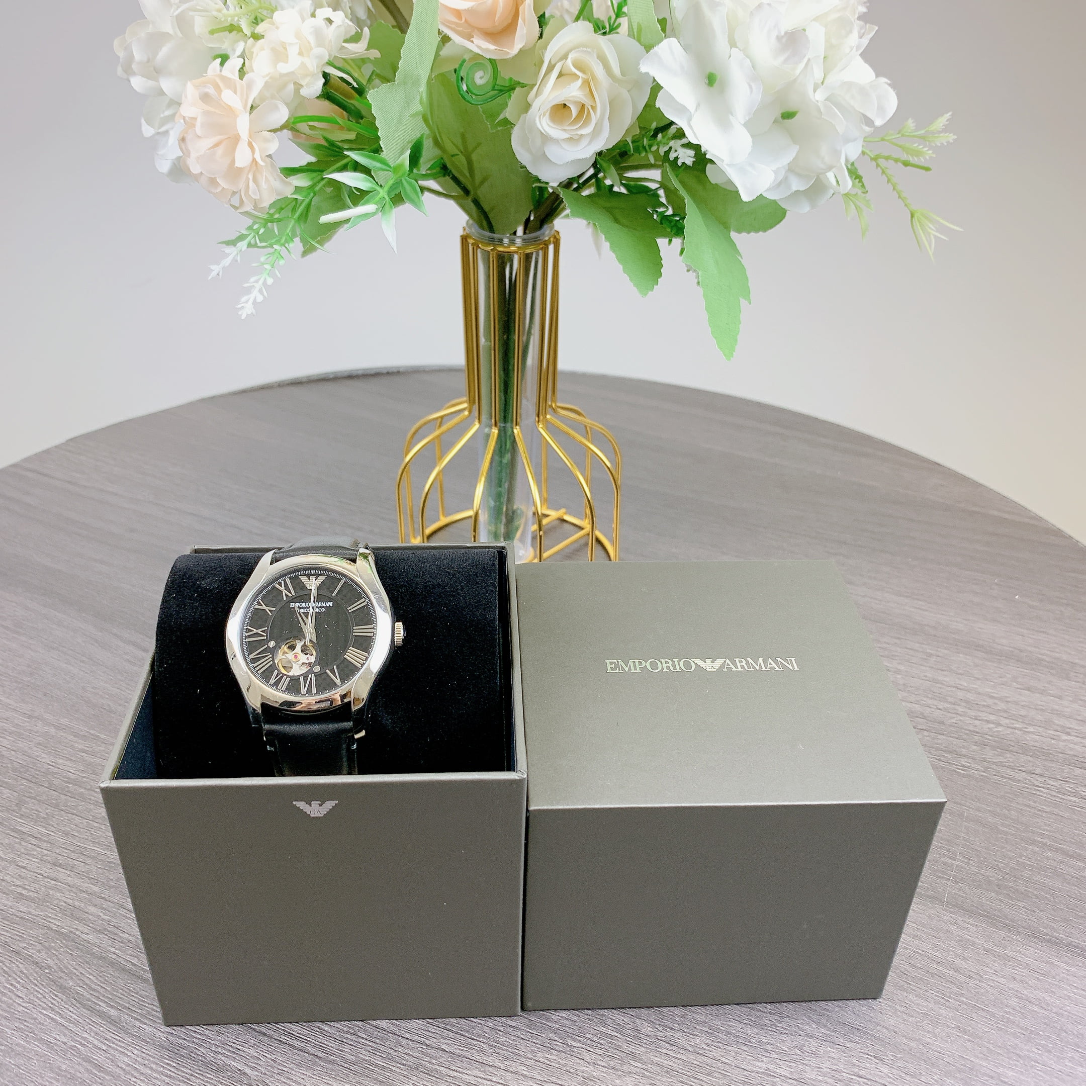 Emporio Armani Automatic Black Dial Black Leather Men display picture 3
