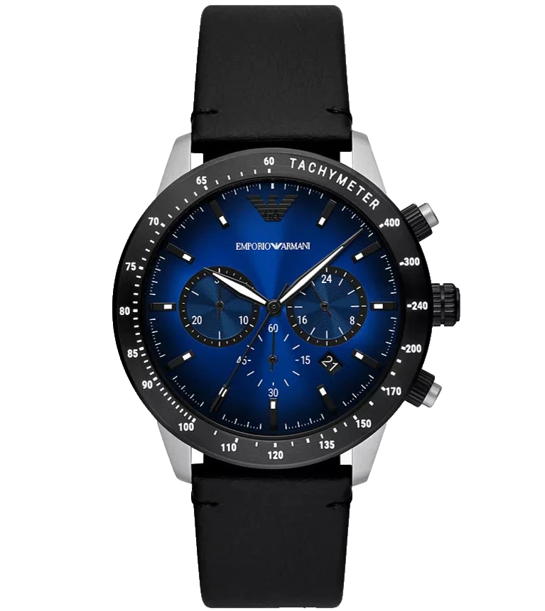 EMPORIO ARMANI Chronograph AR11522 Black Blue Dial Leather Strap 43MM Mens Watch
