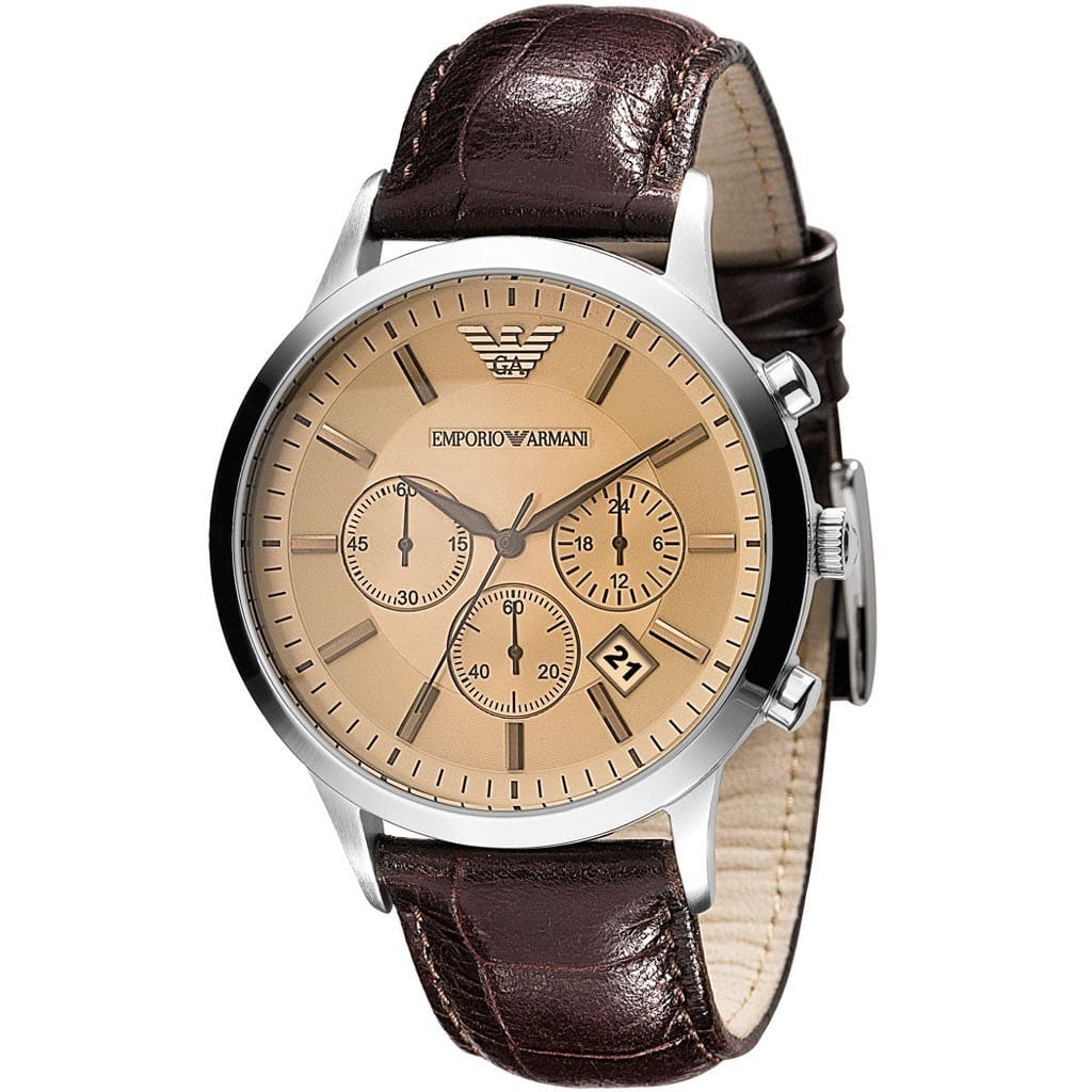 Emporio Armani Men\'s Classic Chronograph Cream Face Brown Leather Strap  Watch AR2433