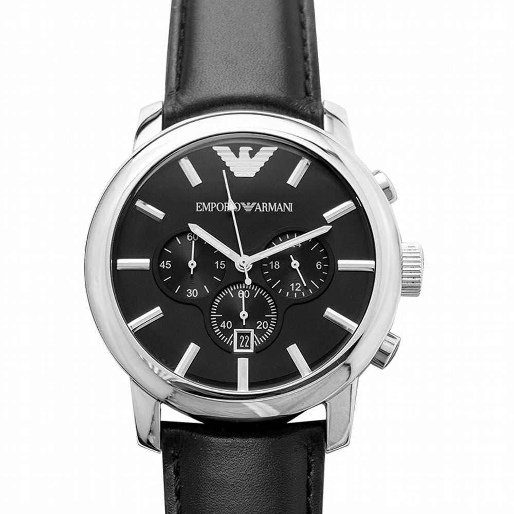 Emporio Armani Men s Emporio AR0431 Armani Gents Stainless Steel Chronograph Watch with Black Leather Strap