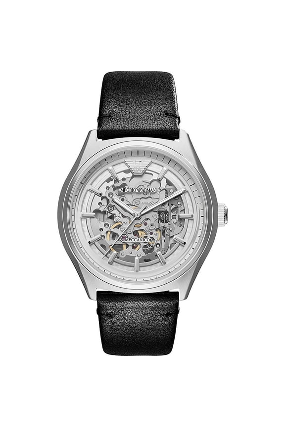 Emporio Armani Men's Zeta Meccanico Automatic Silver Skeleton Dial Leather Strap Watch AR60003