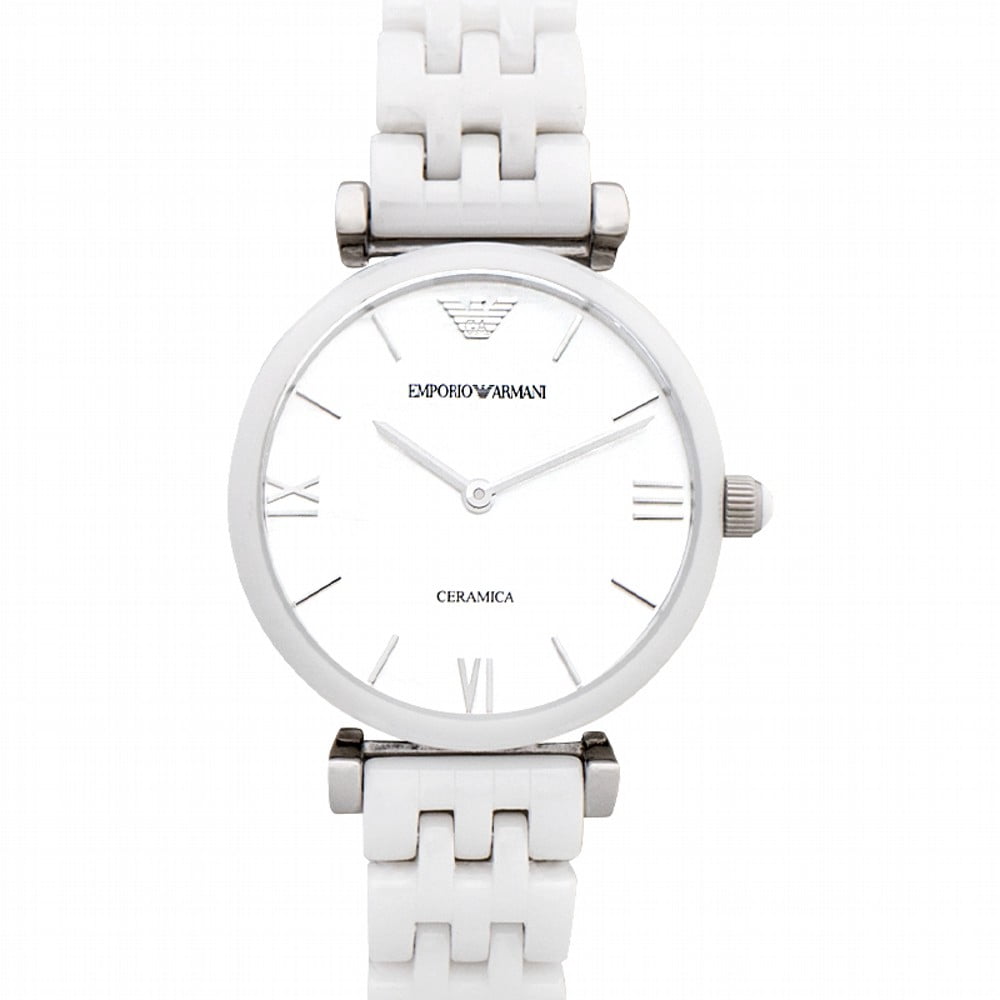 EMPORIO ARMANI レディースホワイトレーザーモカシン サイズ38 Emporio Armani Quartz White Dial Ceramic Ladies Watch AR1485