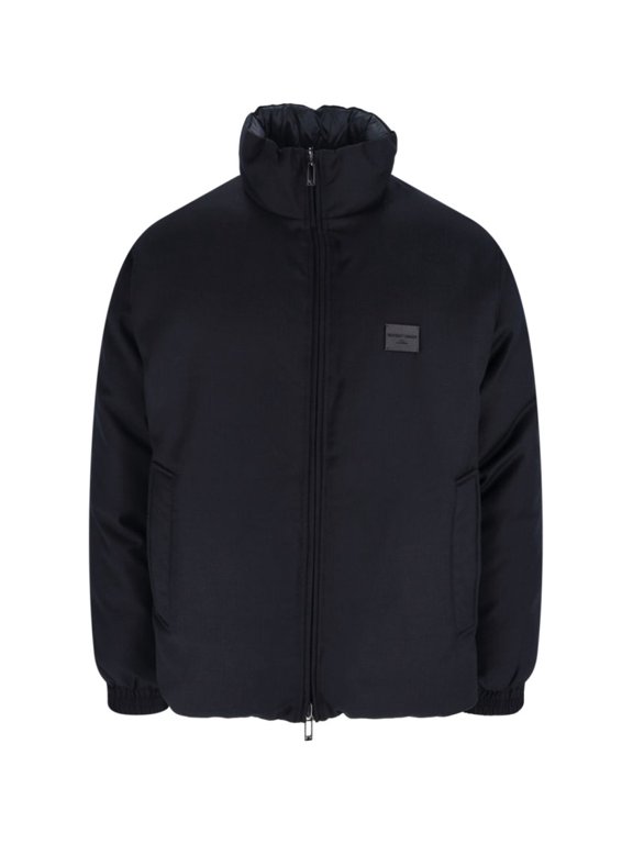 Reversible Navy Wool-Blend Jacket With High Collar And Logo Patch (Men's)