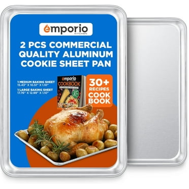 Emporio Kitchen Baking Pan Set - Medium and Large Aluminum Cookie Sheet Pan (10.5" x 15" and 13" x 18"), Recipe Booklet Included, Oven Safe, Resist Heat Up to 500° F, Set of 2