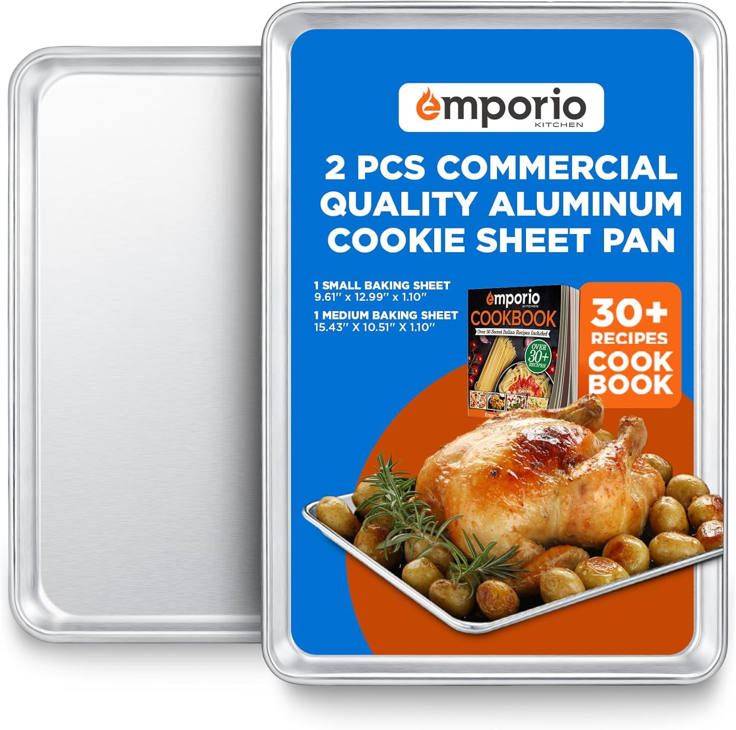 Emporio Kitchen Baking Pan Set - Small and Medium Aluminum Cookie Sheet Pan (9" x 13" and 10.5" x 15"), Recipe Booklet Included, Oven Safe Tray, Resist Heat Up to 500° F, Set of 2