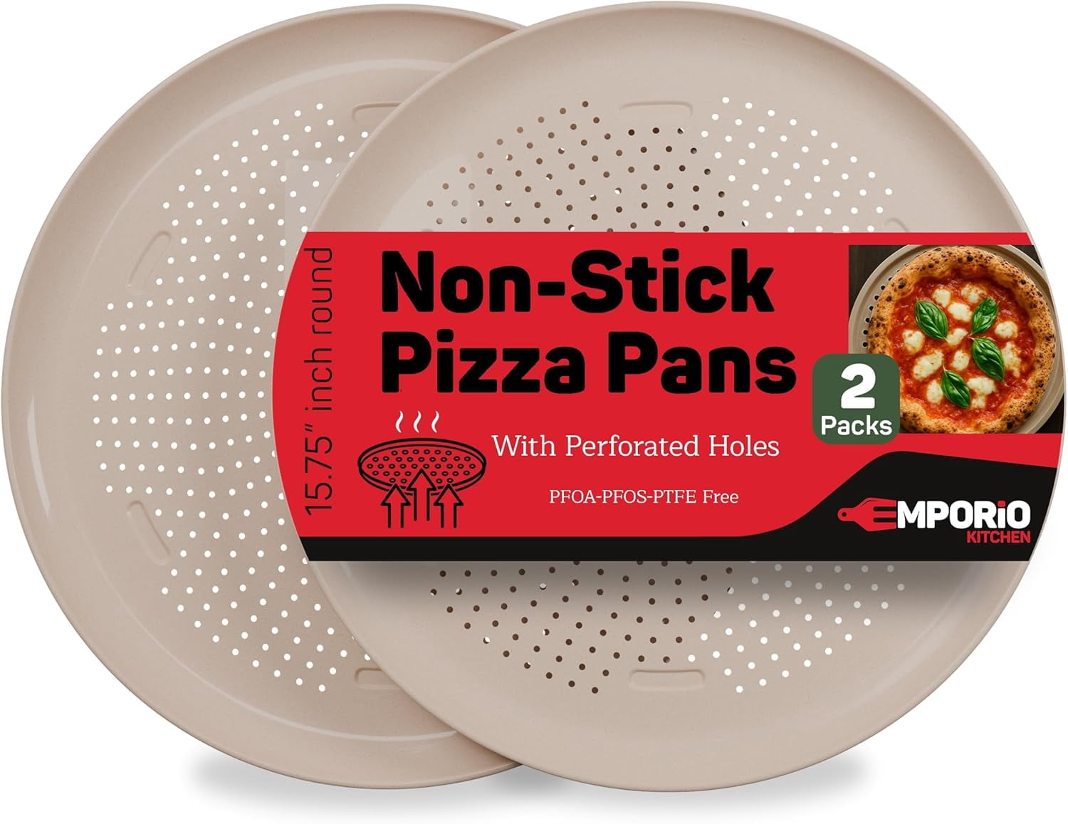 Emporio Kitchen Non-Stick Pizza Pan 2 Pack – 16 Inch Round Carbon Steel Pizza Tray with Perforated Holes, PFOAPFOSPTFE-Free, Dishwasher & Oven Safe Up To 450°F, Nonstick White Marble Coating