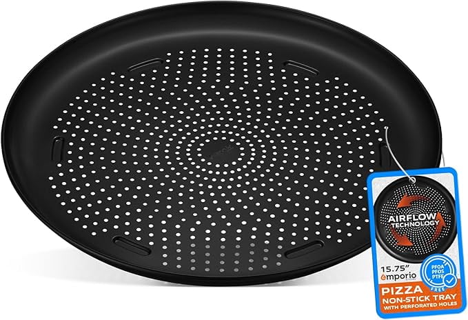 Emporio Kitchen Pizza Baking Pan - 15.75-Inch Round Perforated Carbon Steel Tray with Non-Stick Coating, Dishwasher Safe, Oven Safe (Up To 450° F), Airflow Design, Gray