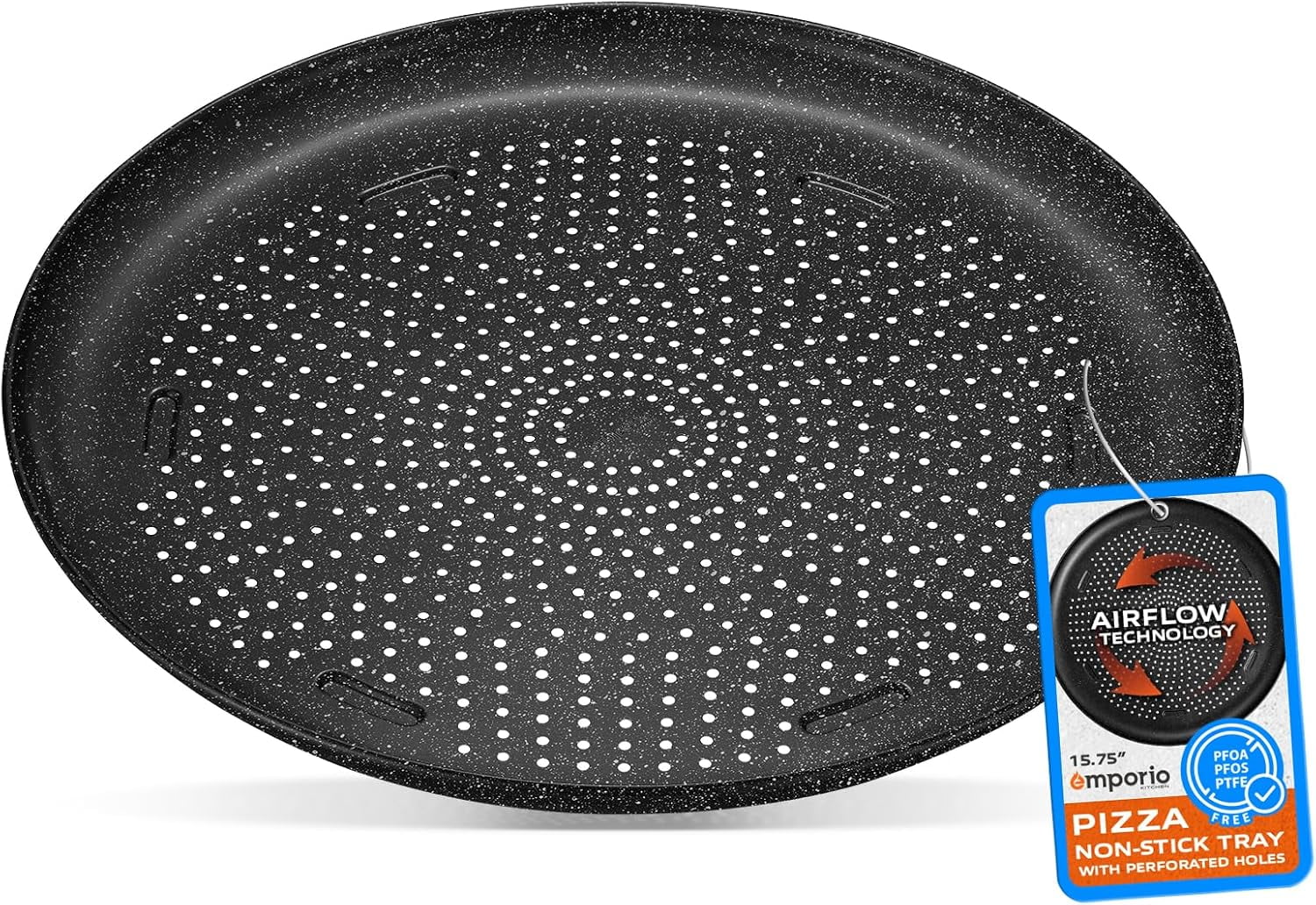 Emporio Kitchen Pizza Baking Pan - 15.75-Inch Round Perforated Carbon Steel Tray with Non-Stick Gray Marble Coating, Airflow Design, Dishwasher & Oven Safe (Up to 450°F), Gray