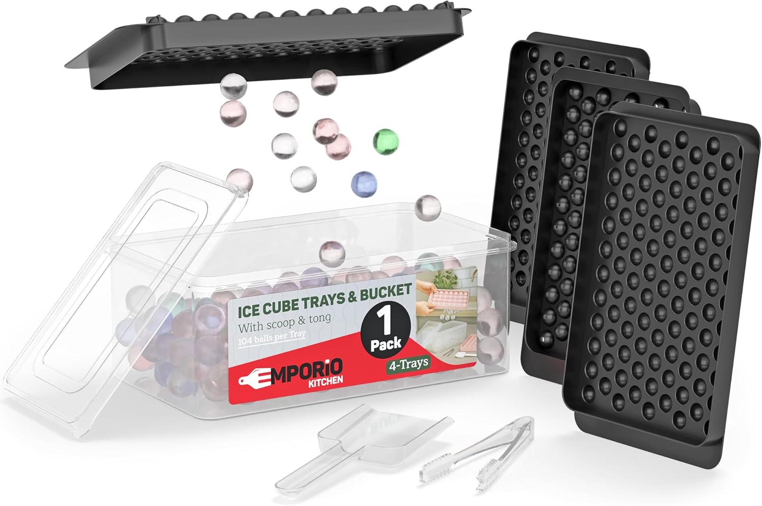 Emporio Kitchen Round Ice Cube Tray 1 Pack with Lid & Tongs,Stackable Mold, Makes 104 Ice Balls, Quick-Release, Maker for Whiskey & Cocktails, Black