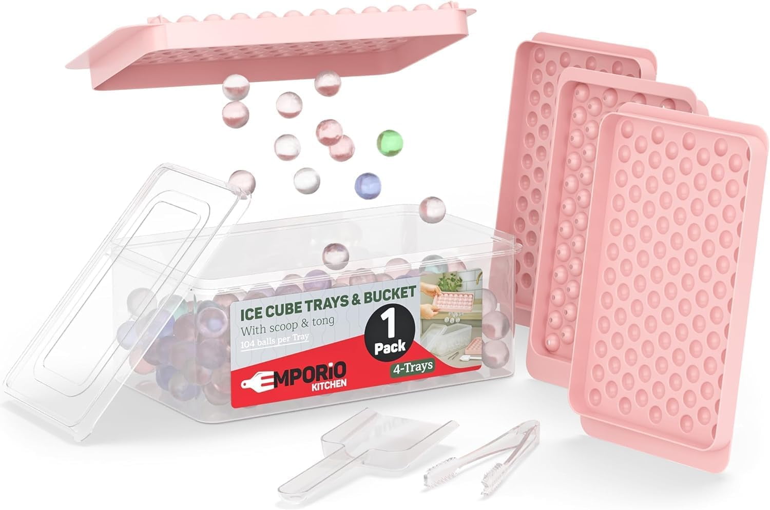 Emporio Kitchen Round Ice Cube Tray 1 Pack with Lid & Tongs,Stackable Mold, Makes 104 Ice Balls, Quick-Release, Maker for Whiskey & Cocktails, Pink