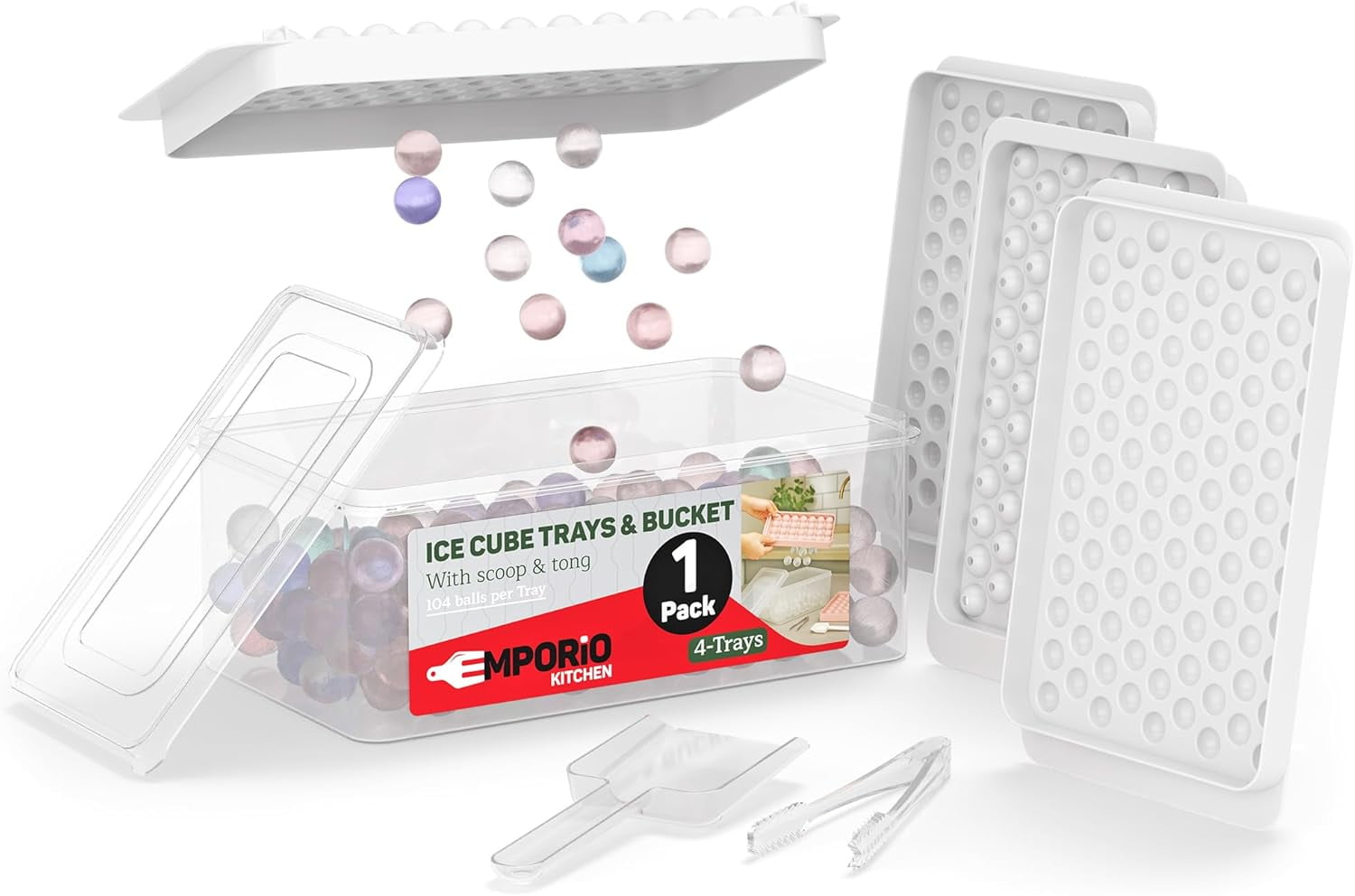 Emporio Kitchen Round Ice Cube Tray 1 Pack with Lid & Tongs,Stackable Mold, Makes 104 Ice Balls, Quick-Release, Maker for Whiskey & Cocktails, White