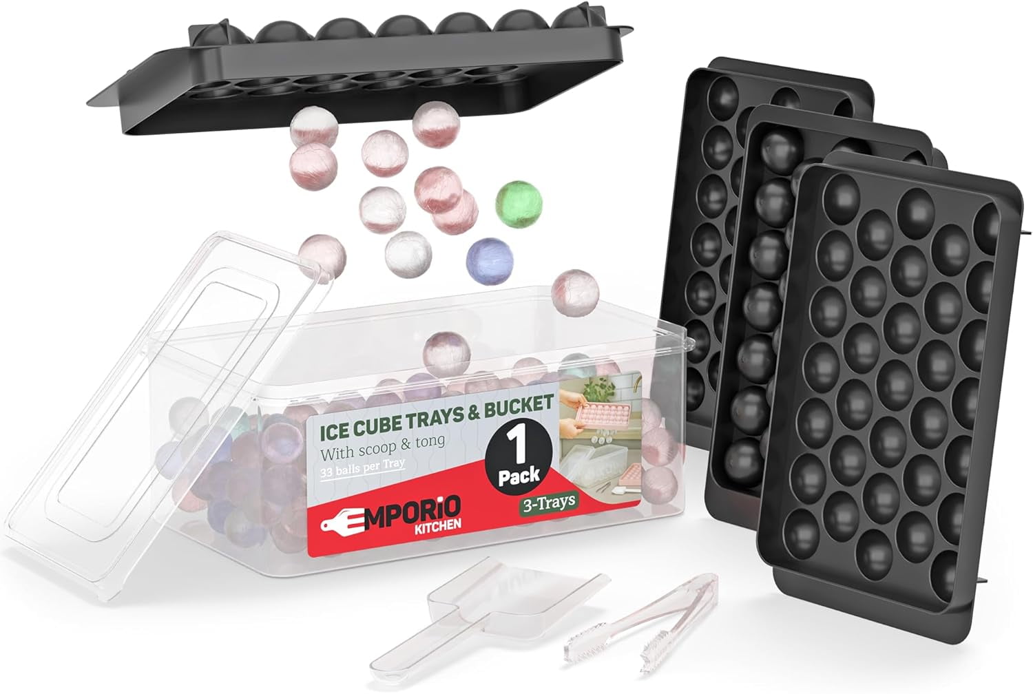 Emporio Kitchen Round Ice Cube Tray 1 Pack with Lid & Tongs,Stackable Mold, Makes 33 Ice Balls, Quick-Release, Maker for Whiskey & Cocktails, Black