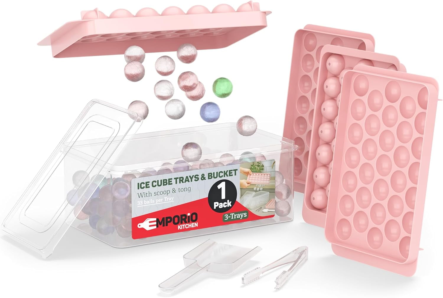 Emporio Kitchen Round Ice Cube Tray 1 Pack with Lid & Tongs,Stackable Mold, Makes 33 Ice Balls, Quick-Release, Maker for Whiskey & Cocktails, Pink