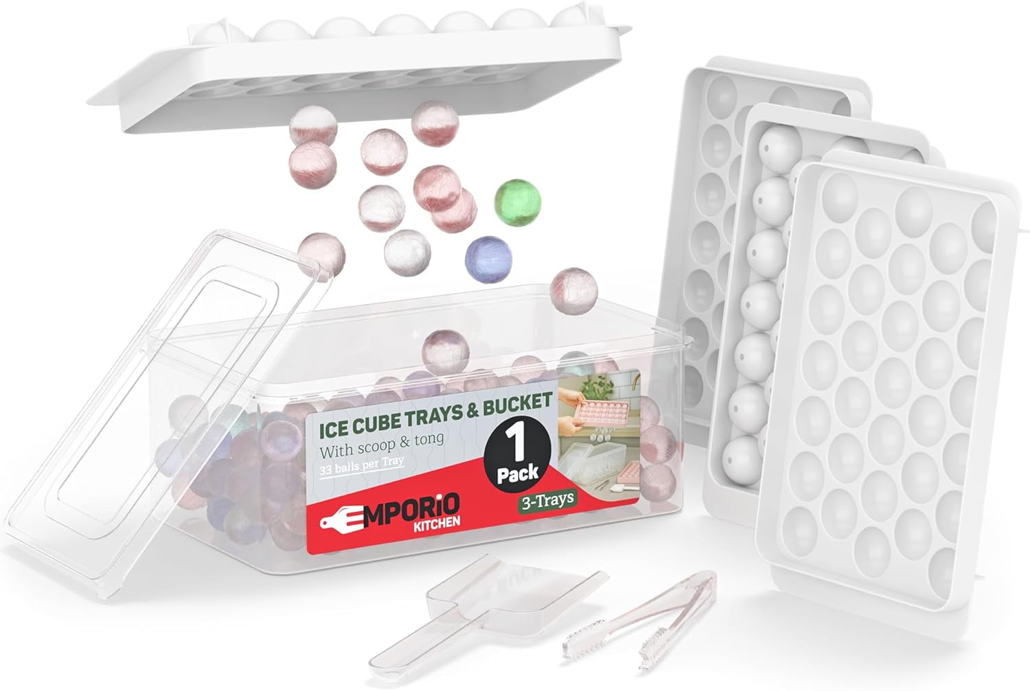 Emporio Kitchen Round Ice Cube Tray 1 Pack with Lid & Tongs,Stackable Mold, Makes 33 Ice Balls, Quick-Release, Maker for Whiskey & Cocktails, White