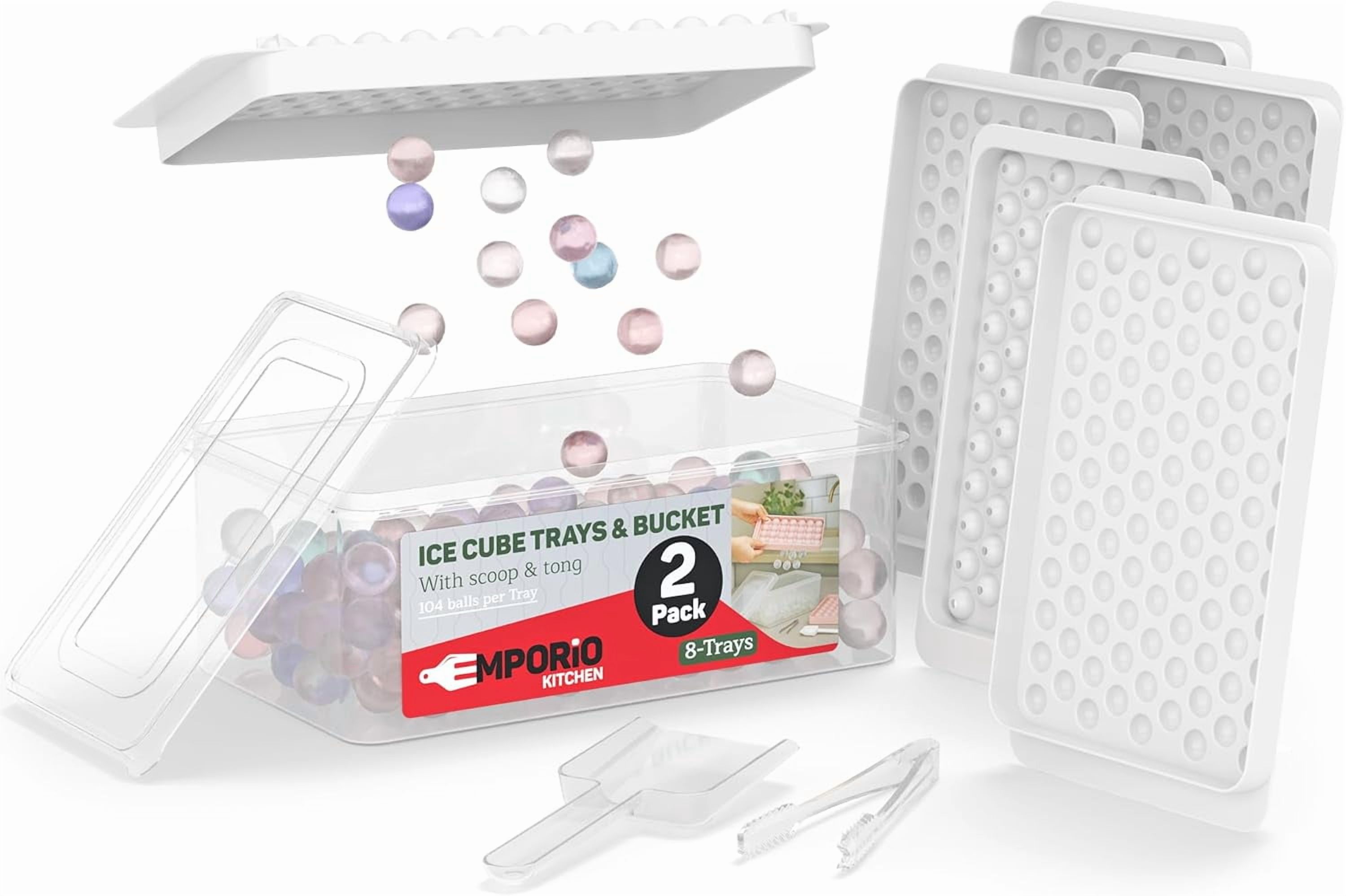 Emporio Kitchen Round Ice Cube Tray 2 Pack with Lid & Tongs,Stackable Mold, Makes 104 Ice Balls, Quick-Release, Maker for Whiskey & Cocktails, White