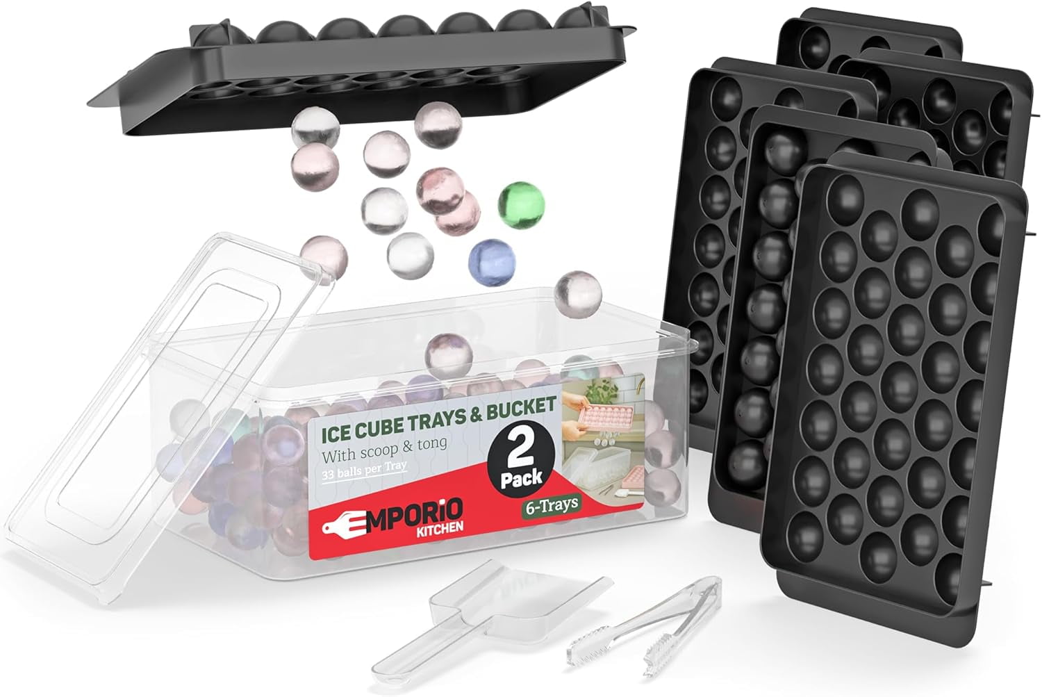Emporio Kitchen Round Ice Cube Tray 2 Pack with Lid & Tongs,Stackable Mold, Makes 33 Ice Balls, Quick-Release, Maker for Whiskey & Cocktails, Black