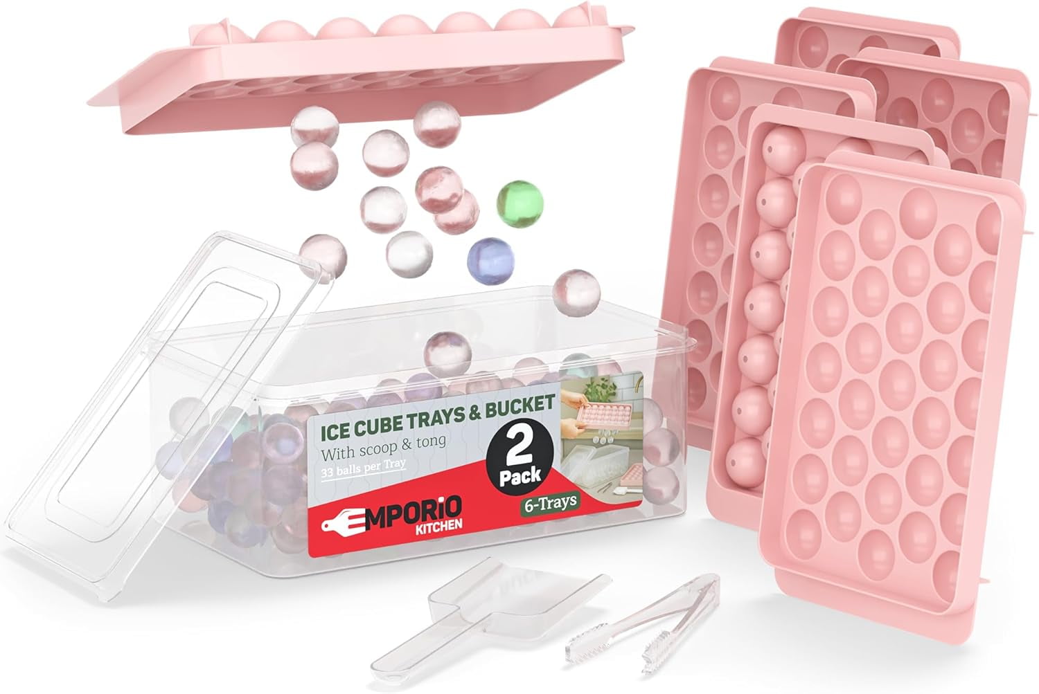 Emporio Kitchen Round Ice Cube Tray 2 Pack with Lid & Tongs,Stackable Mold, Makes 33 Ice Balls, Quick-Release, Maker for Whiskey & Cocktails, Pink