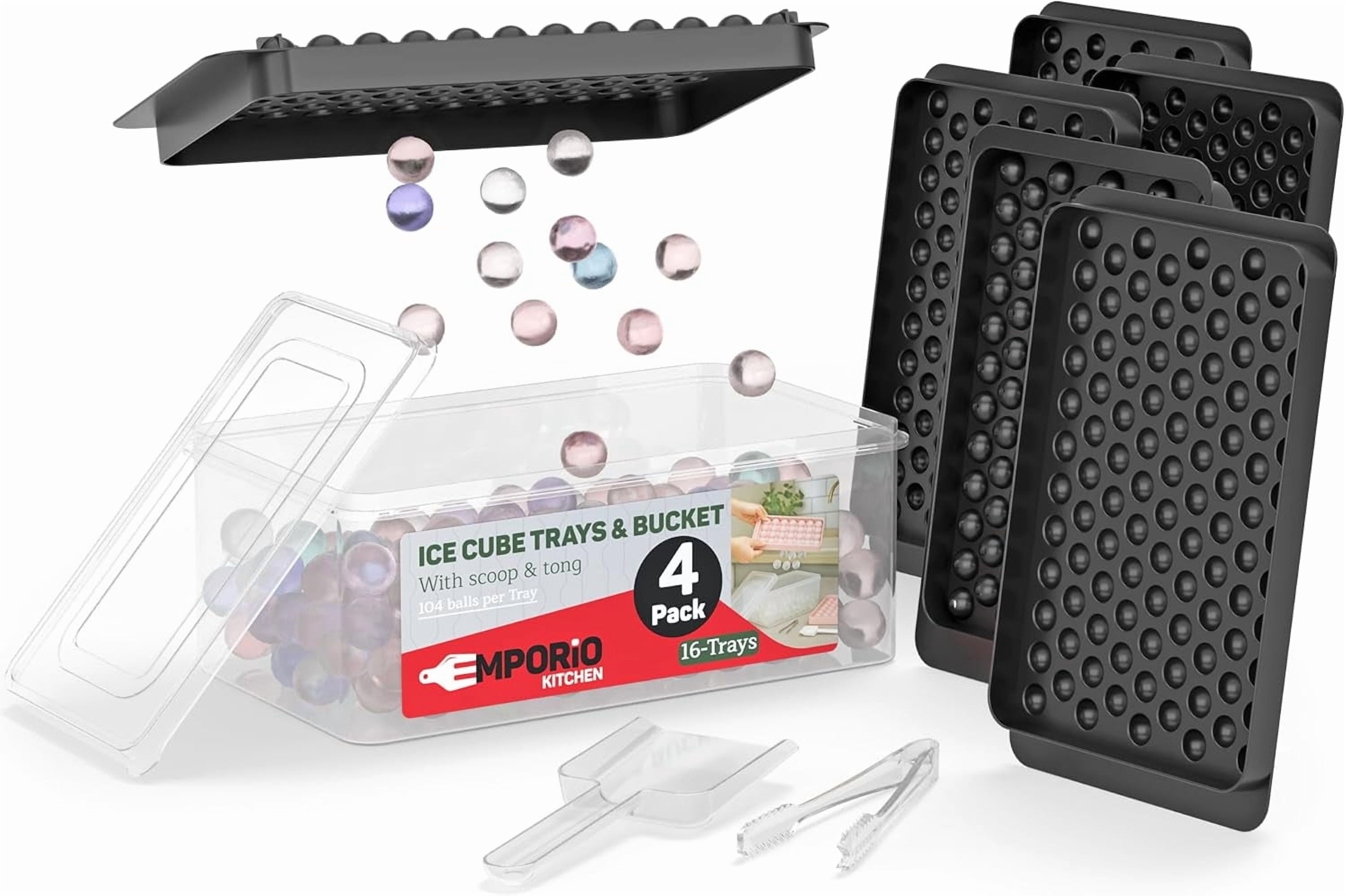 Emporio Kitchen Round Ice Cube Tray 4 Pack with Lid & Tongs,Stackable Mold, Makes 104 Ice Balls, Quick-Release, Maker for Whiskey & Cocktails, Black