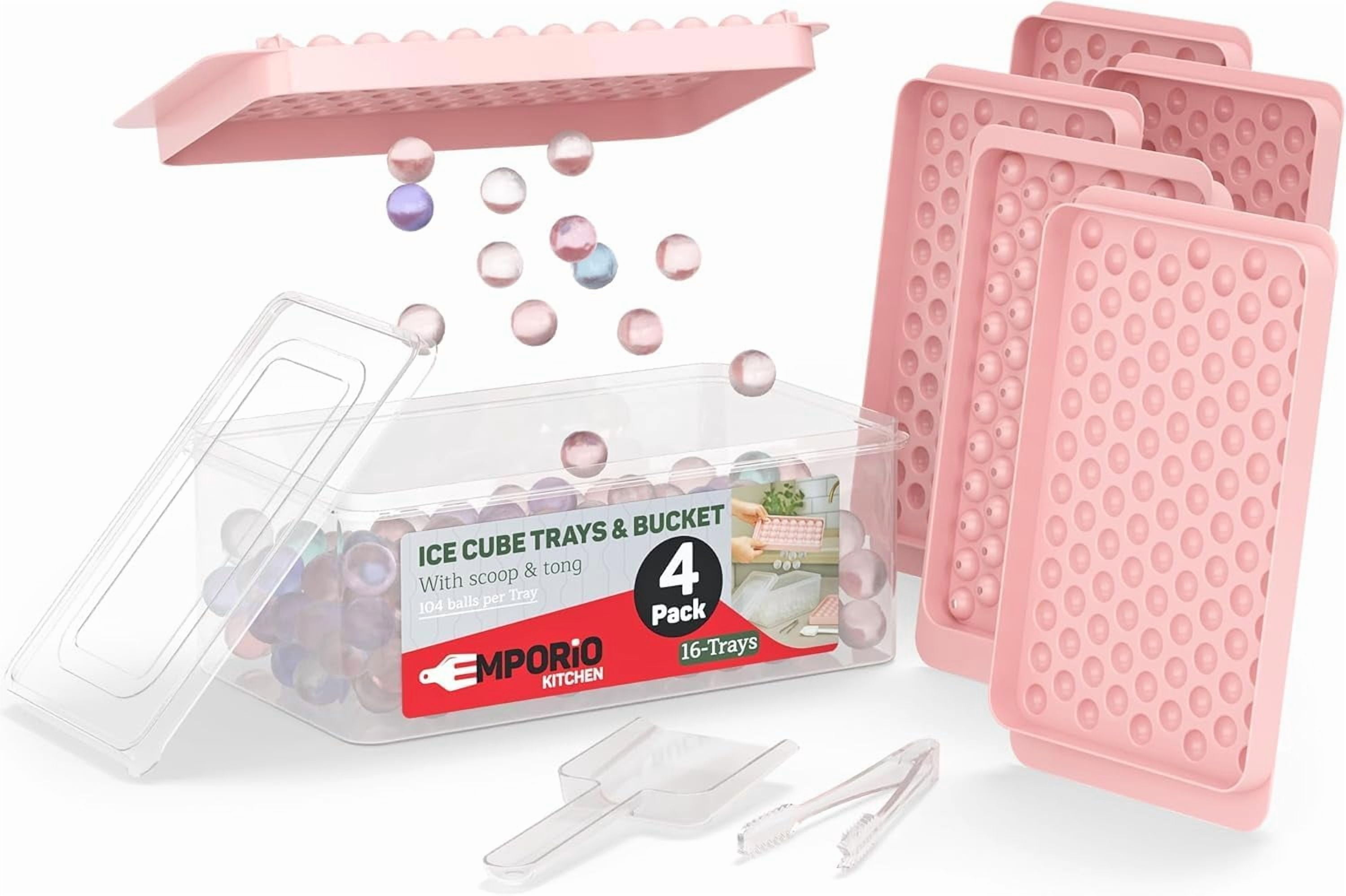 Emporio Kitchen Round Ice Cube Tray 4 Pack with Lid & Tongs,Stackable Mold, Makes 104 Ice Balls, Quick-Release, Maker for Whiskey & Cocktails, Pink