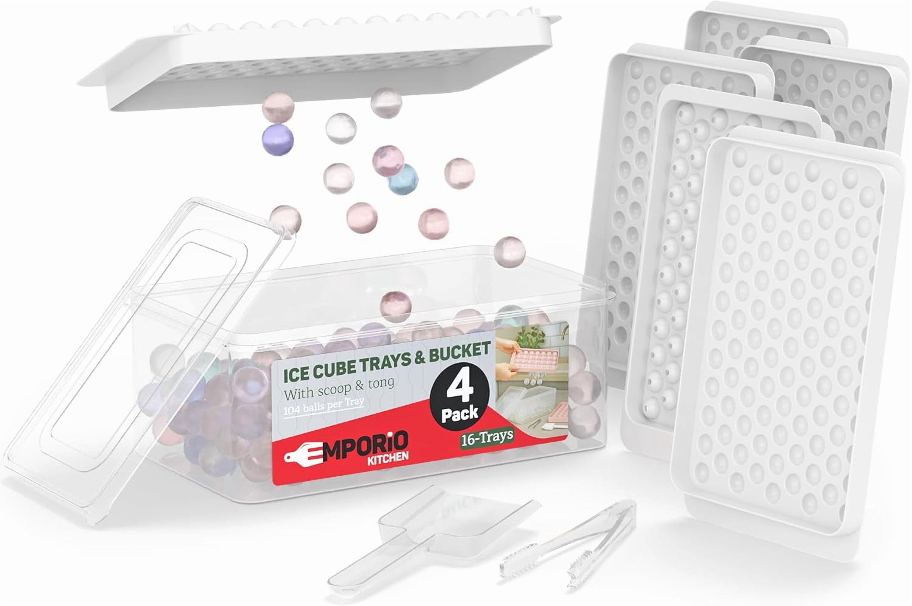 Emporio Kitchen Round Ice Cube Tray 4 Pack with Lid & Tongs,Stackable Mold, Makes 104 Ice Balls, Quick-Release, Maker for Whiskey & Cocktails, White