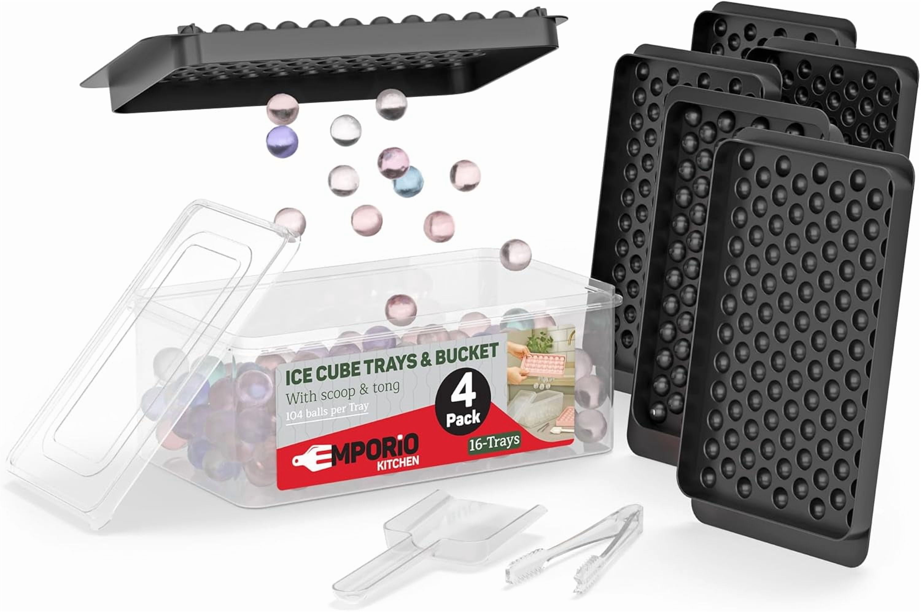 Emporio Kitchen Round Ice Cube Tray 4 Pack with Lid & Tongs,Stackable Mold, Makes 33 Ice Balls, Quick-Release, Maker for Whiskey & Cocktails, Black
