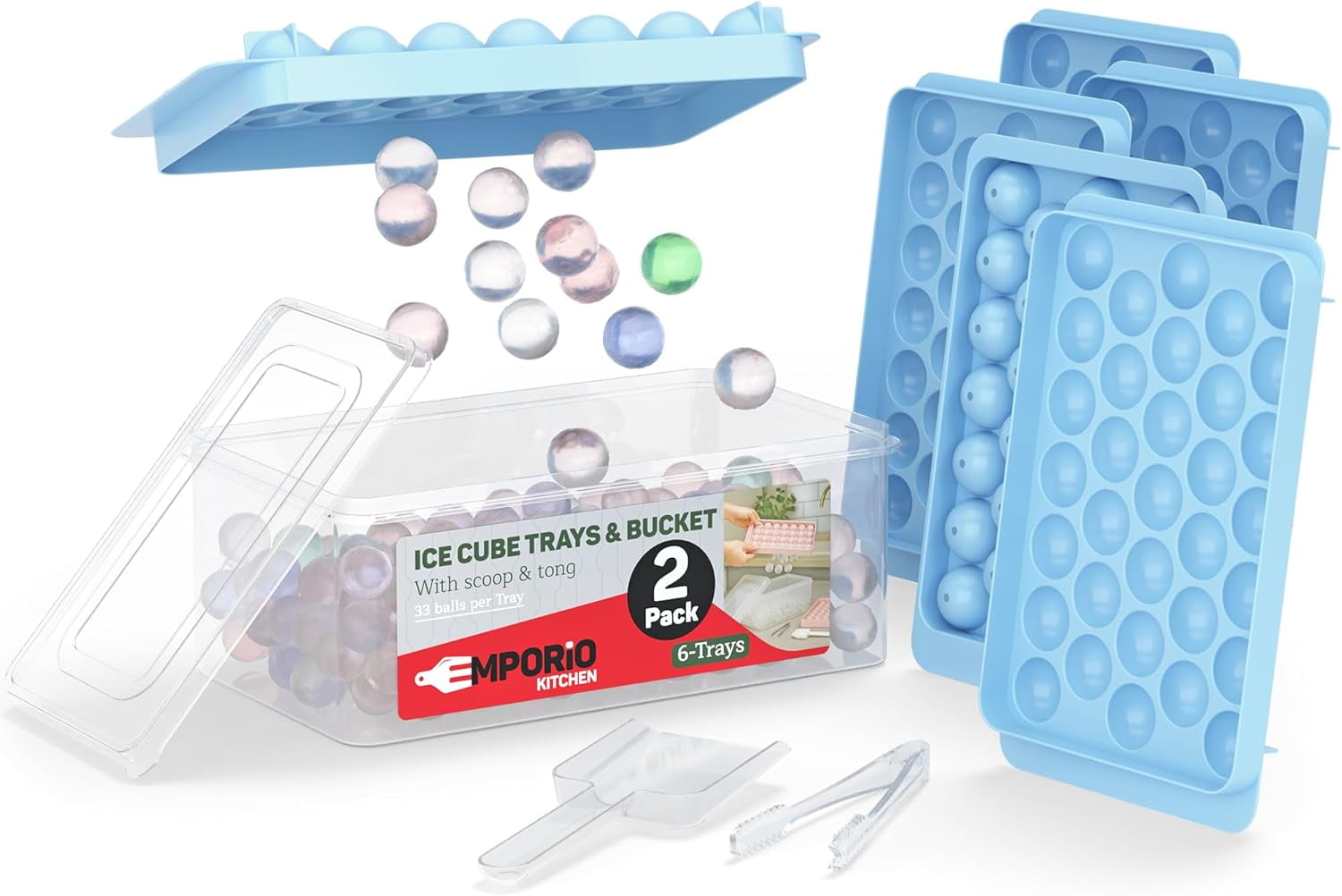 Emporio Kitchen Round Ice Cube Tray 4 Pack with Lid & Tongs,Stackable Mold, Makes 33 Ice Balls, Quick-Release, Maker for Whiskey & Cocktails, Blue
