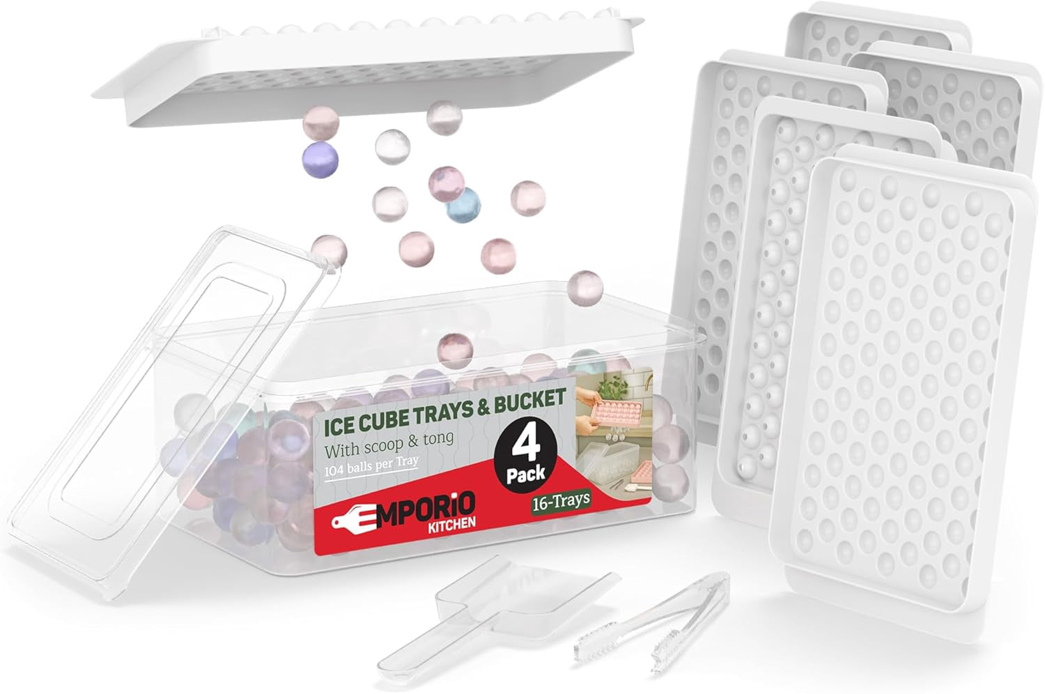 Emporio Kitchen Round Ice Cube Tray 4 Pack with Lid & Tongs,Stackable Mold, Makes 33 Ice Balls, Quick-Release, Maker for Whiskey & Cocktails, White