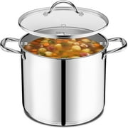 Emporio Kitchen Stainless Steel 12QT Stock Pot with Glass Lid   Durable 18/0 Steel, Even-Heat Base, Riveted Handles, Oven & Stove Compatible, 500 F