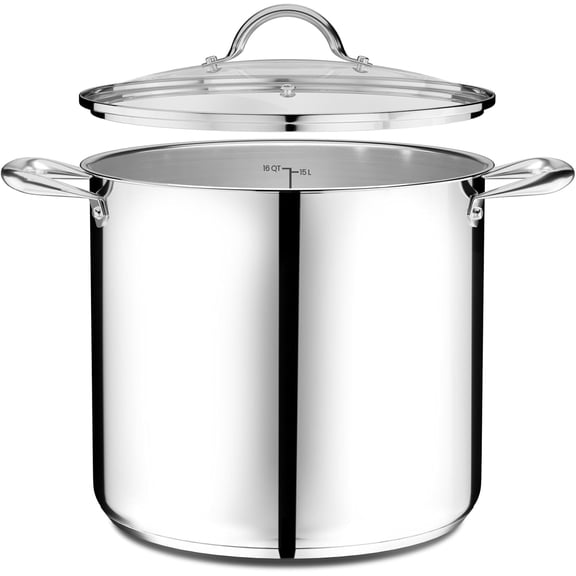 Emporio Kitchen Stainless Steel 16QT Stock Pot with Glass Lid – Durable 18/0 Steel, Even-Heat Base, Riveted Handles, Oven & Stove Compatible, 500°F