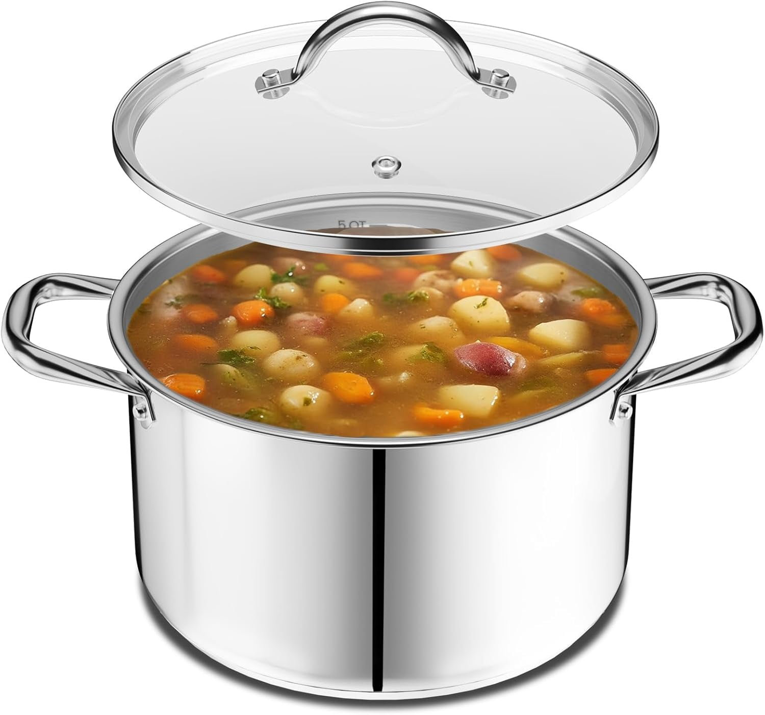 Emporio Kitchen Stainless Steel 5QT Stock Pot with Glass Lid – Durable 18/0 Steel, Even-Heat Base, Riveted Handles, Oven & Stove Compatible, 500°F
