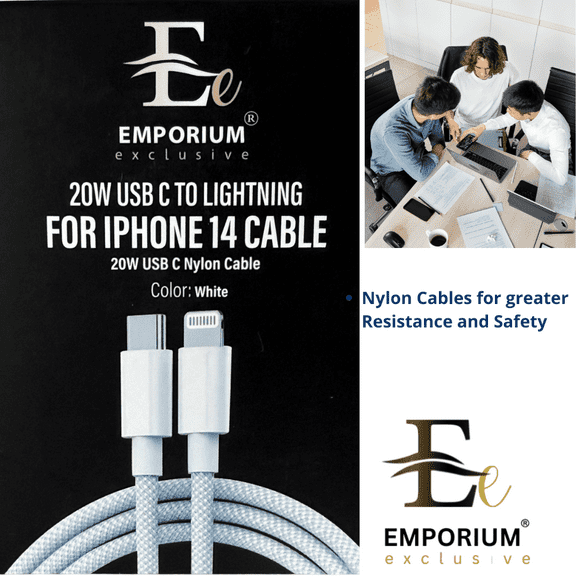 Emporium Exclusive | 3ft Lightning USB to USB C Cable | White Cabo Infinity Line | Compatible Lightning Cable with iPhone 7 to 14 | 1 Count