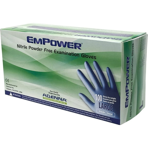Empower Nitrile Examination Grade Gloves, 8mil Finger, Blue, Powder Free, 9.5" Length, Sizes: (2,5,6,8,9), 100 per Box, 10 Box(es) per Case - LARGE