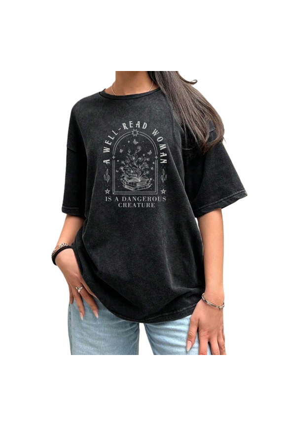 Empowered Book Lover Gift Black Washed Well Read Woman Print Tshirt Graphic Tees Shirts Casual Wear S-2XL Tops