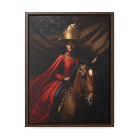 "Empowered Equestrian: Woman in Red Riding with American Flag" - Framed Canvas Wrap