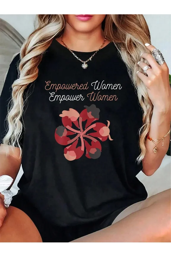 Empowered Women Empower Women Graphic T-Shirt, Inspirational Feminist Short Sleeve Tee for Women, Black