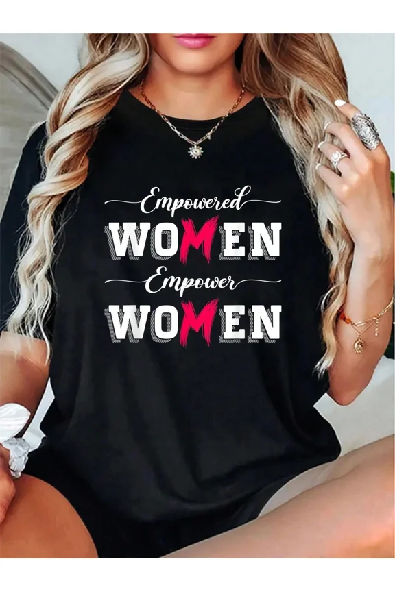 Empowered Women Empower Women Graphic Tee Retro Inspirational Motivational Feminist Quote Women's Short Sleeve Casual Black T-Shirt