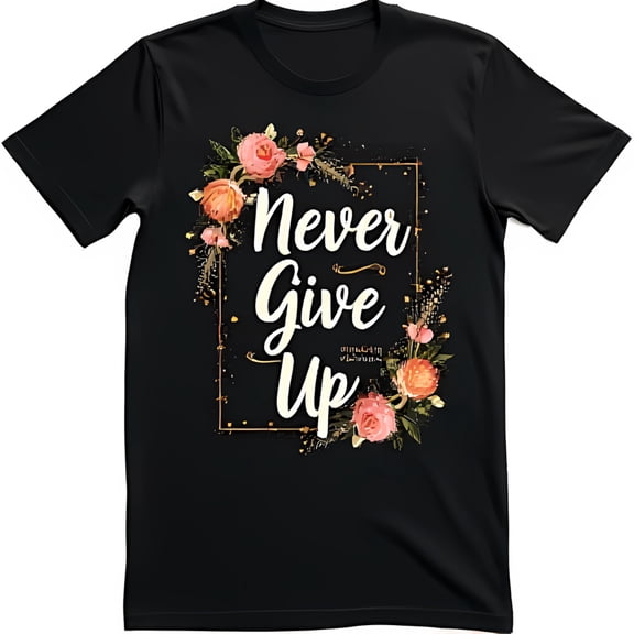Empowering Black T-Shirt with Never Give Up Cursive Graphic & Floral Design