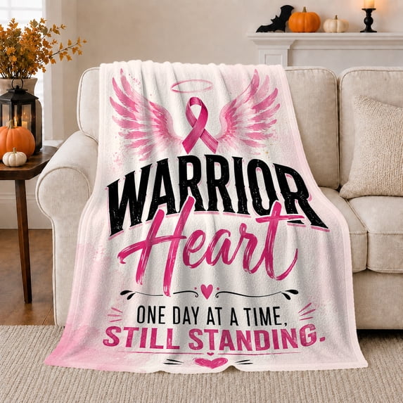 Empowering Breast Cancer Awareness Warrior Heart One Day, Cozy Typography Art Scene, Warm Flannel Blanket for Living Room and Reading Nook, Art Lovers Thanksgiving Gift, Artistic Home Decor