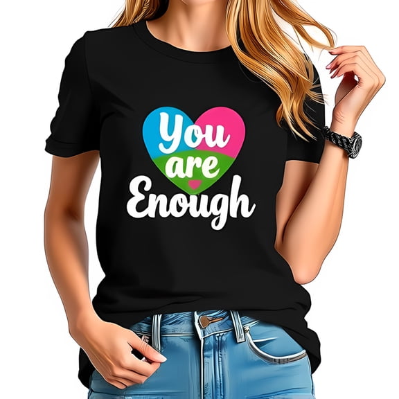 Empowering Cotton Short Sleeve T-Shirt with Multi-Colored Heart Graphic & 'You are Enough' Message