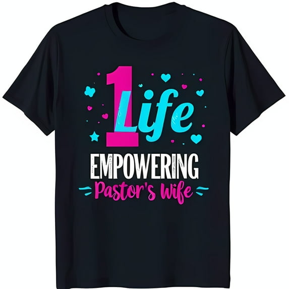 Empowering Pastor's Wife Black T-Shirt with Playful Graphic & Colorful Design