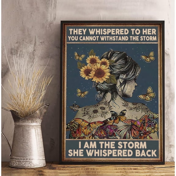 Empowering Storm Quote Poster For Her, Sunflower Butterfly Wall Art, Strong Woman Resilience Gift, Inspirational She Whispered Back Print, Poster Only